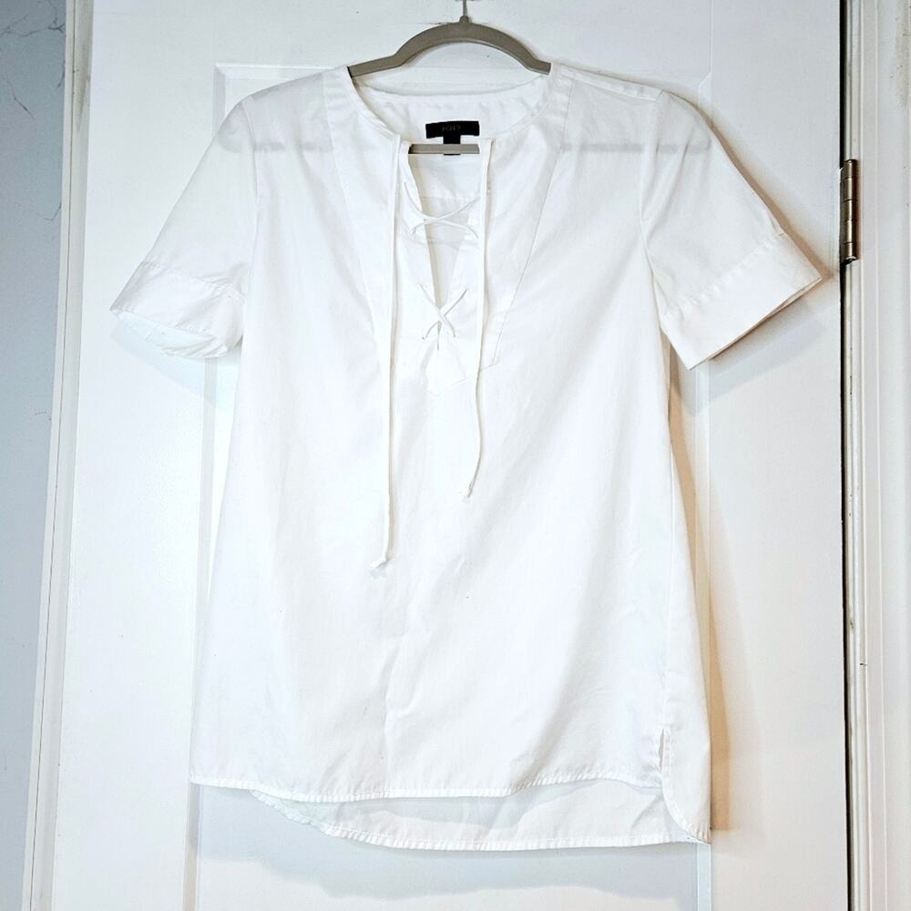 J. Crew Lace Up Tie Front Blouse Short Sleeve White Size 2
